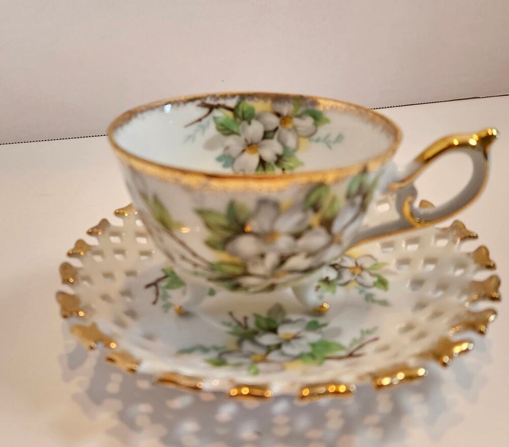 3 Legged China Teacup and Reticulated Saucer Dogwood Floral Gold tipped Japan